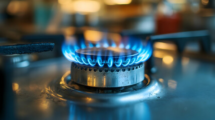 Close-up of a blue flame from a gas stove, highlighting vibrant colors and sharp details