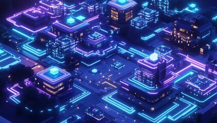 Futuristic Neon Cityscape Aerial View