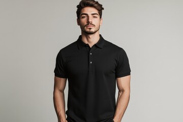 Fototapeta premium Blank black polo tshirt mockup front and back view Male model wearing a black color Henley tshirt on a White background front view and back view top section cropped .
