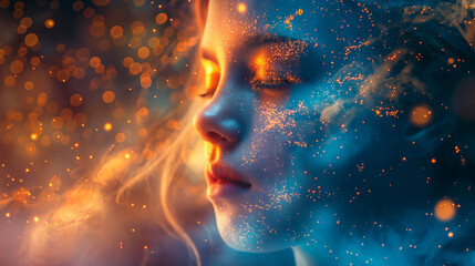 Obraz premium Silhouette of a human head with glowing neural connections, spiritual connection, altered states of consciousness, trance, and the concept of hypnosis and higher awareness