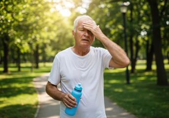 Exhausted man with water bottle in park wiping sweat from his forehead