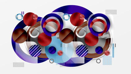Fototapeta premium Abstract composition. Overlapping circles, rings, lines create dynamic visual effect. Red, blue, gray tones dominate. Modern design.