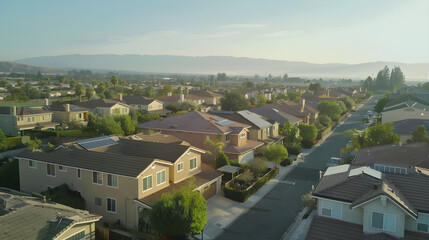 Fototapeta premium Aerial view of a modern suburban neighborhood with uniform houses, solar panels, and green spaces, showcasing sustainable urban design