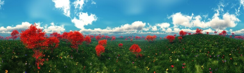 flower hills among green grass, hills with flowers under clouds on blue sky, 3d rendering