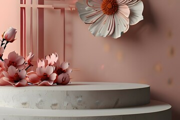 Modern aesthetic peony bloom floral podium abstract scene. Empty stage minimalistic boho design background. Stand product showcase