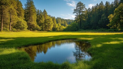 Obraz premium Serene Forest Meadow with Reflective Pond under Clear Blue Sky