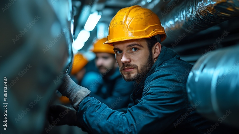 Poster Two workers wearing safety helmets are focused on mineral extraction inside an underground tunnel, demonstrating the mining process in a well structured environment.