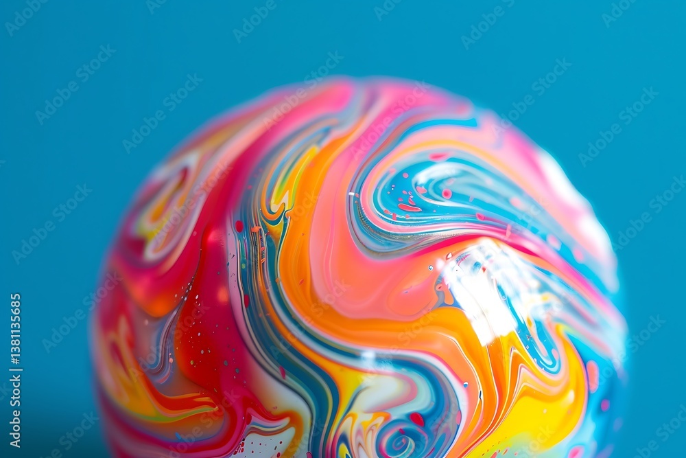 Poster a close-up of a rubber bouncy ball with a bright, swirling pattern, emphasizing its shiny surface an