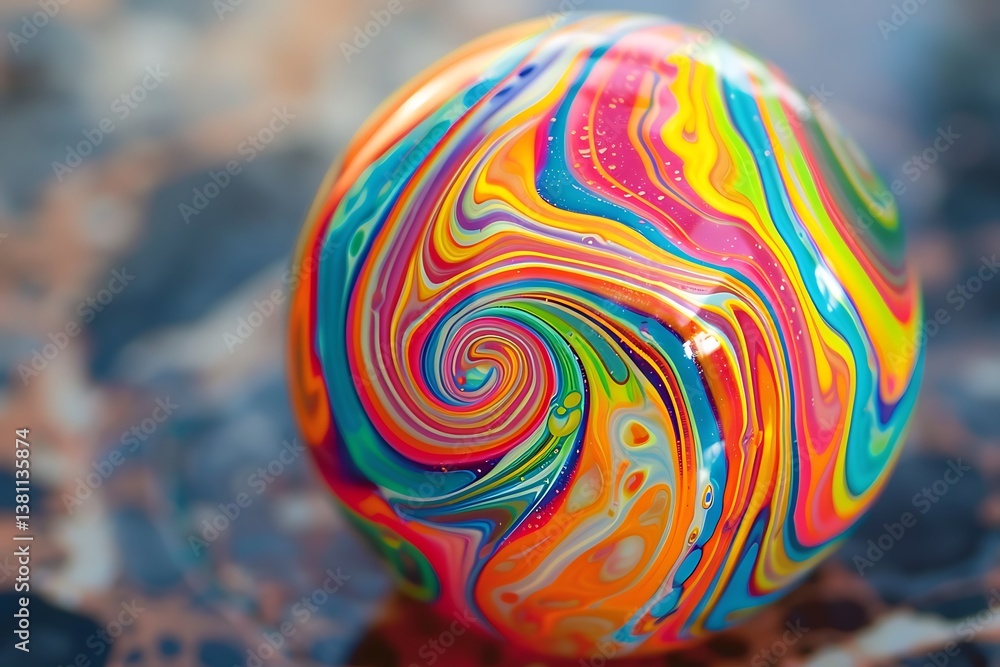 Poster a close-up of a rubber bouncy ball with a bright, swirling pattern, emphasizing its shiny surface an