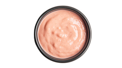 Creamy, Smooth, Pink Sauce in Round Black Bowl on White Background Ready for Culinary Use in Dishes, Recipes, and Food Presentations