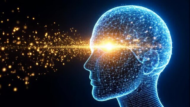 A blue wireframe head in profile shows a glowing brain area emitting a focused beam of golden light particles against black. Ideal for AI, focus, or thought power visuals. Concentrated mental energy. 
