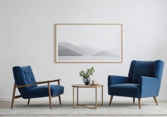 Poster Frame Mockup in Minimalist Dark Blue Living Room with Armchairs and Plants