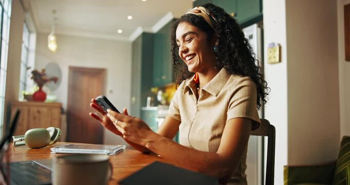 Laptop, university student and typing with phone in home for elearning break, social media scroll and laughing. Gen z girl, happy and smartphone for internet research, app notifications or connection