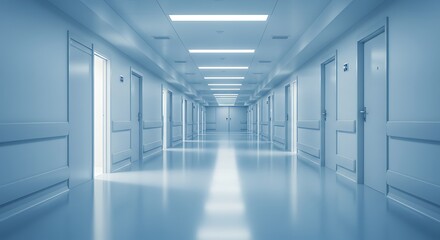 A clean, modern hospital corridor with polished floors, blue walls, and bright lighting, extending into the distance