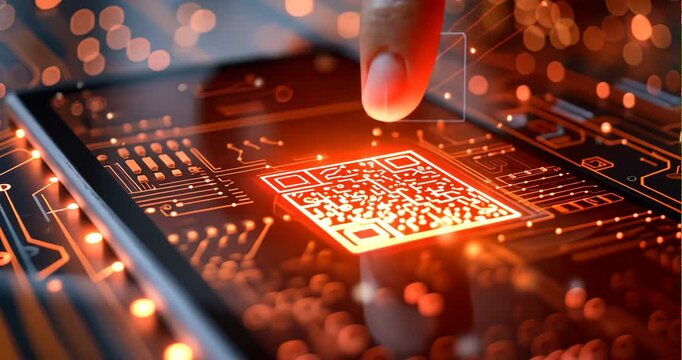 Close-up of a hand holding a smartphone, scanning a QR code, futuristic background with digital grids and holographic data displays, e-commerce and technology concept