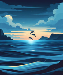 Dolphins leap joyfully through shimmering waves beneath a colorful twilight sky by the ocean