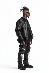 Punk man in black leather jacket looking down on white background
