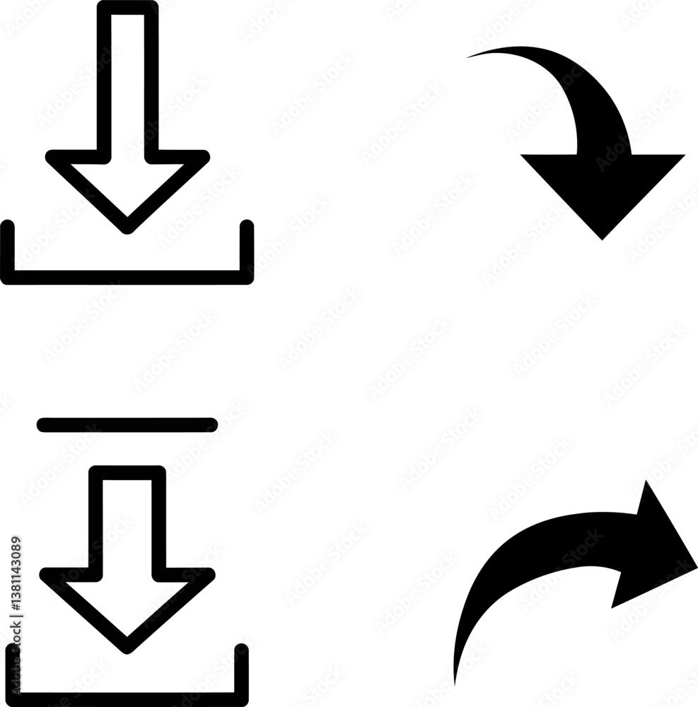 Poster set of download and redirect icons - vector symbols, four arrow icons - download and curved redirect
