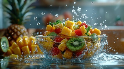 Fresh fruit salad splashing in a bowl