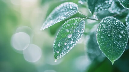 Fresh Green Leaves with Dew Drops &ndash; Nature Macro in Morning Light