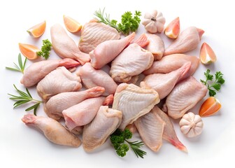 Raw Chicken Cuts: A close-up shot of fresh, raw chicken cuts arranged, along with herbs and citrus, on a clean surface, perfect for culinary or food-related content.