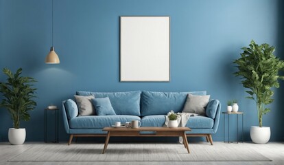 Bright Minimalist Living Room with Sofa, Plants, and Blank Frame on Blue Wall
