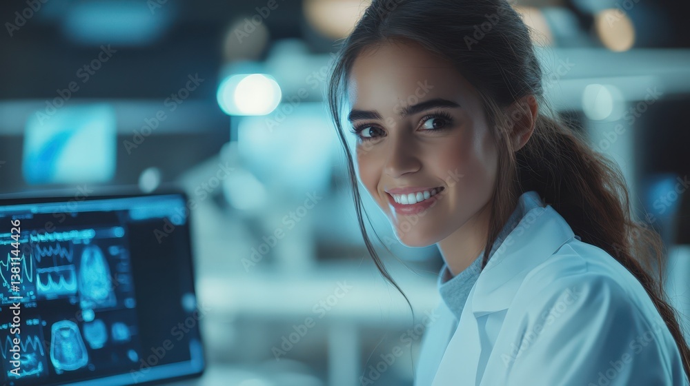 Poster smiling female scientist working in a modern laboratory looking at a computer screen she is wearing 