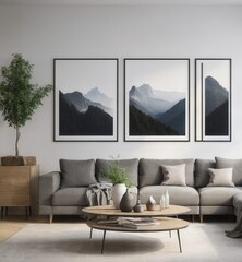 Sleek Minimalist Living Room with Gray Sofa, Potted Plant, and Blank Wall Frame