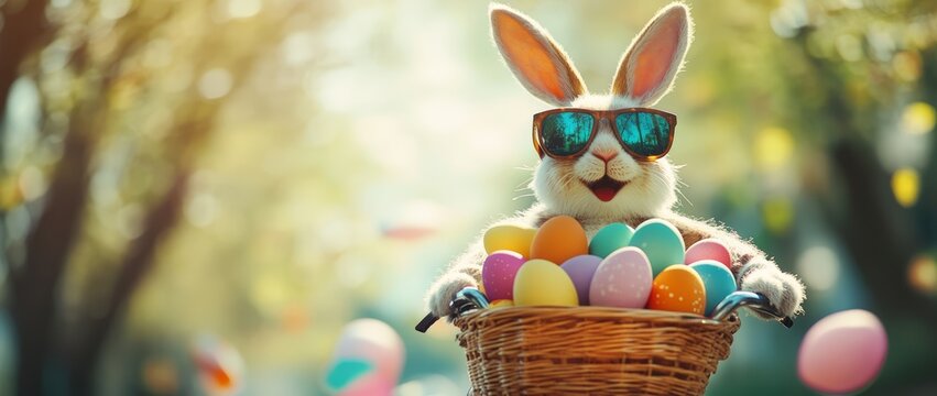 An Easter bunny with sunglasses delivers colorful eggs by bicycle through a cheerful spring scene. Cute rabbit, funny character, holiday illustration, festive animal, joyful transportation design.