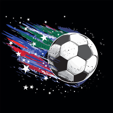 Vector illustration featuring a soccer ball in motion, with a trail of colors and stars emphasizing its dynamism