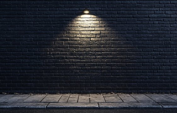 Dark brick wall illuminated by a street lamp at night