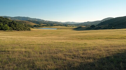 Fototapeta premium Vast Pastoral Landscape with Distant Hills and Tranquil Pond