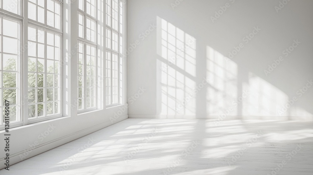 Poster sunlight fills the serene white room, highlighting the elegant architecture of large windows. soft s