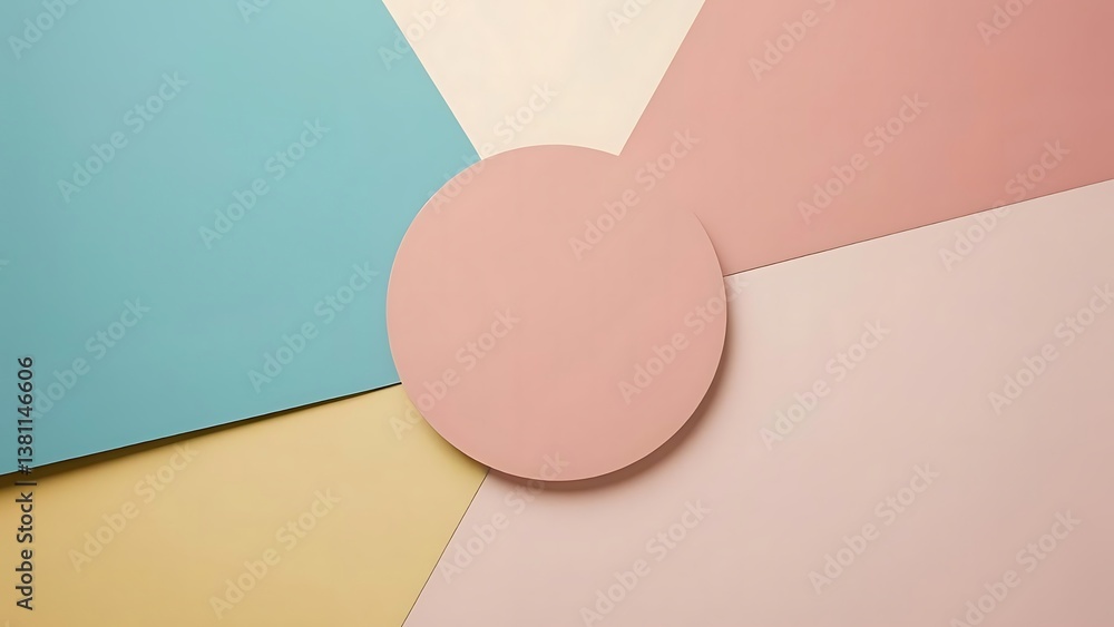 Poster geometric pastel: a circle dominates soft angular color blocks in a modern, minimalist composition. 