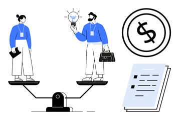 Two people standing on a scale balancing innovation and financial aspects, supported by contract and money concepts. Ideal for finance, equality, decision-making, teamwork, partnerships, innovation