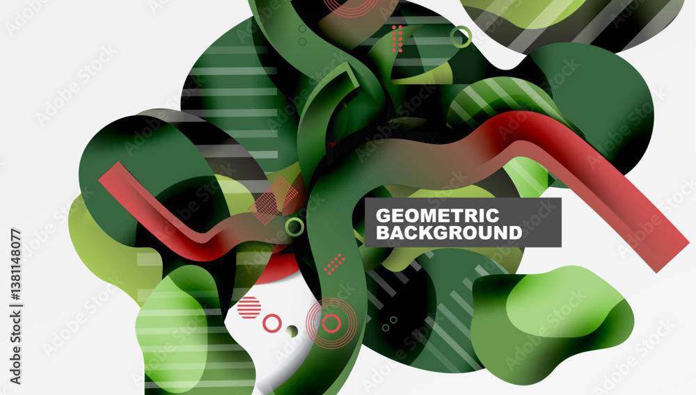 Poster Abstract design. Overlapping shapes, green, red, black. Modern style. Minimalist composition. Smooth gradients. Dynamic lines. Bright colors. Simple forms.