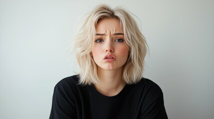 Naklejka premium Pensive young blonde woman with pursed lips studio setting portrait photography neutral background thoughtful expression