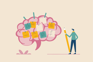Idea memo, brainstorm or scrum sticky notes, productive plan, memory or task reminder, mind map for work arrangement, thought and wisdom concept, businessman write sticky notes on human brain.