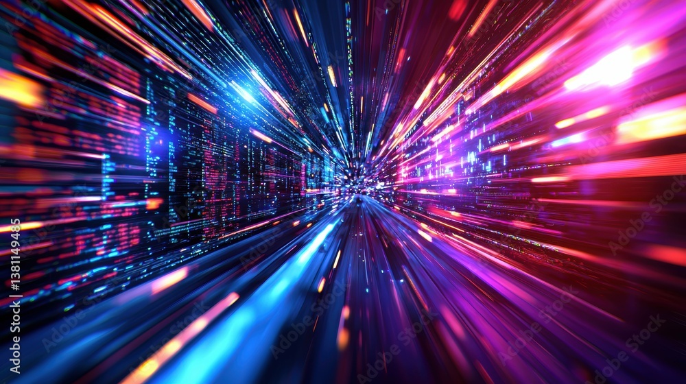Fototapete Dynamic coding workspace blurred abstract visuals digital realm graphic design futuristic environment wide angle perspective