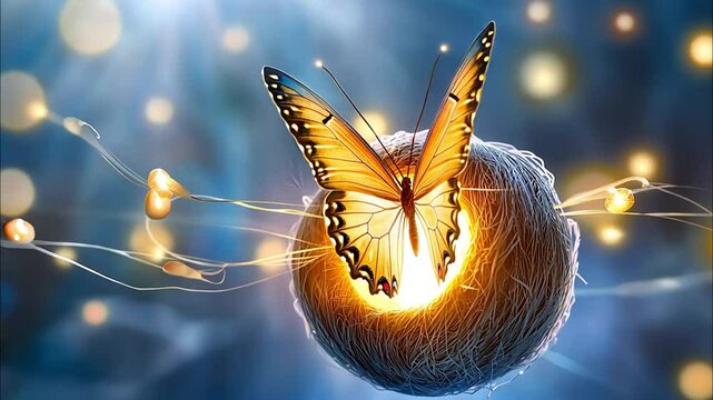 Magical glowing butterfly with sparkles on light cocoon, fantasy glowing butterfly in golden light, surreal glowing butterfly flying from bright cocoon