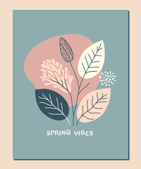 spring abstract bouquet of flowers and plants in tender pastel colors in flat style. Vector art with plants, leaves, flowers