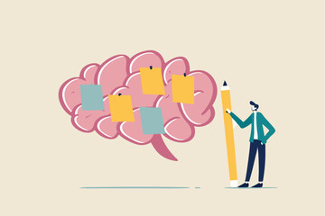 Idea memo, brainstorm or scrum sticky notes, productive plan, memory or task reminder, mind map for work arrangement, thought and wisdom concept, businessman write sticky notes on human brain.