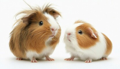 Two Brown and White Guinea Pigs Facing Each Other on White Background