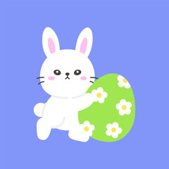 Cute White Bunny Hugging a Green Easter Egg with White Flowers