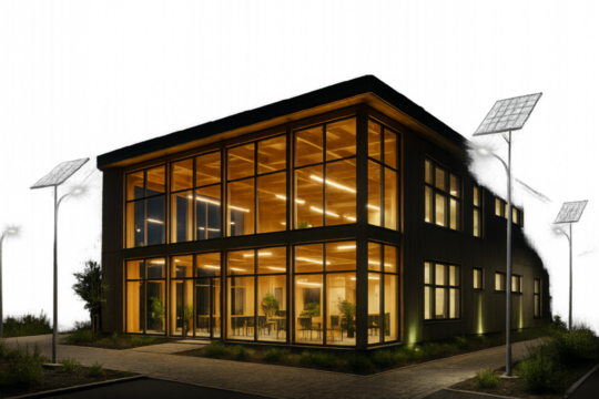 Contemporary Eco-Friendly Building with Solar Street Lights and Wooden Interior – Sustainable Architecture Featuring Large Glass Windows and Evening Ambiance