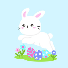 Fototapeta premium Easter Bunny Jumping Over Decorated Eggs with Spring Flowers