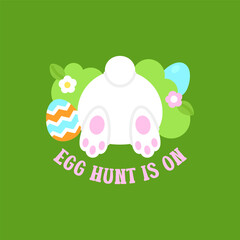 Easter Bunny Searching for Eggs with Egg Hunt is On Text and Colorful Eggs