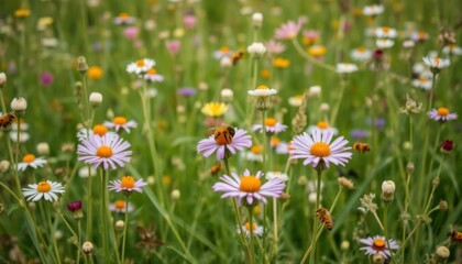 Vibrant Wildflower Meadow with Busy Honeybees Pollinating