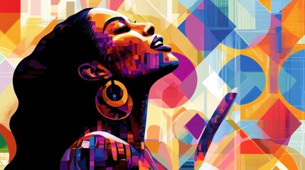 Fototapeta premium Abstract illustration of a woman singing in worship, with vibrant geometric patterns symbolizing faith, creativity, and spiritual expression.