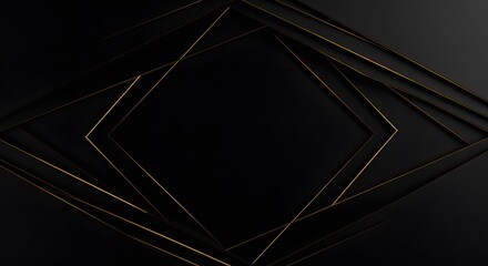 Black and gold geometric design. Sleek modern. Overlapping angular shapes frame a dark, centered square. Golden lines contrast matte black surfaces.